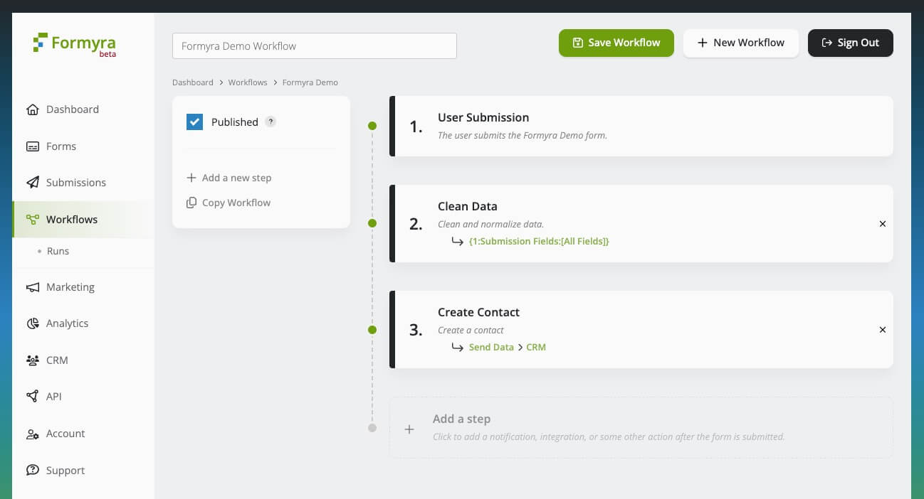 screenshot of Formyra UI creating a workflow to automate form submission data and send to Salesforce