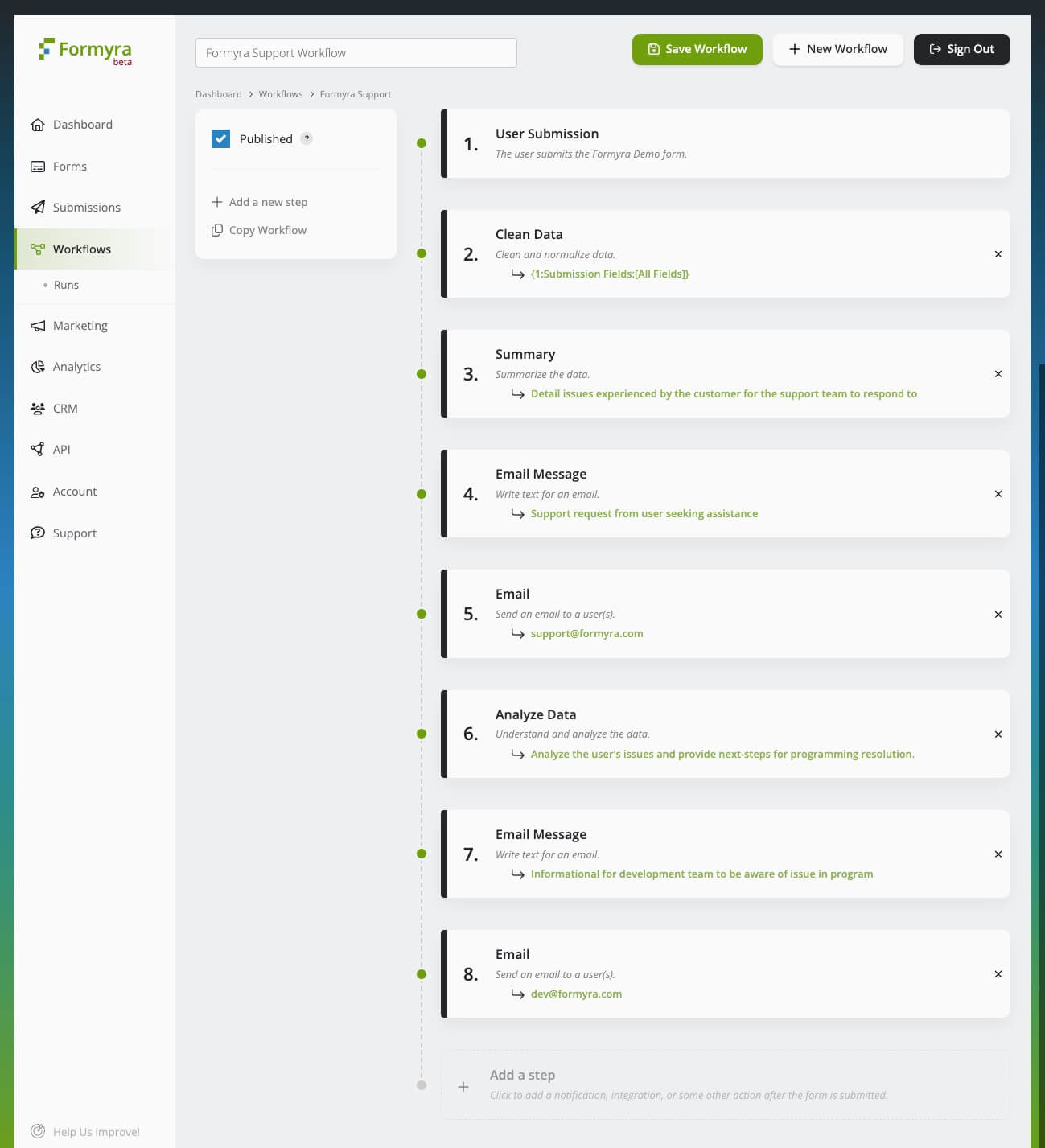 screenshot of Formyra workflow user interface formatting and personalizing a form submission and next steps to different company departments