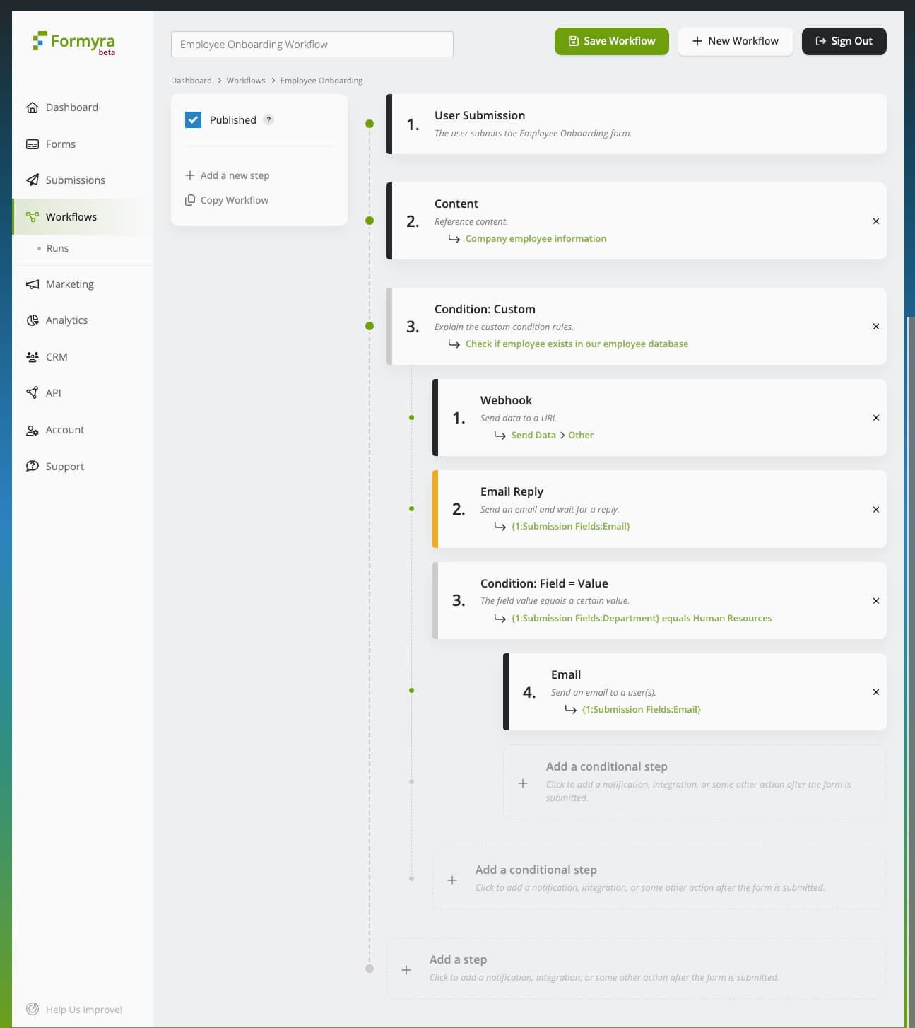 automated form submission workflow for employee onboarding, NDAs, background checks, confirmations