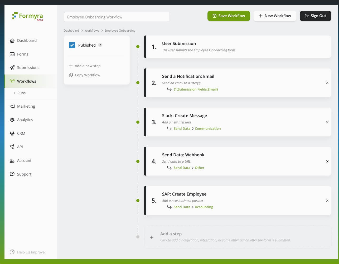 screenshot of automated workflow onboarding a new employee
