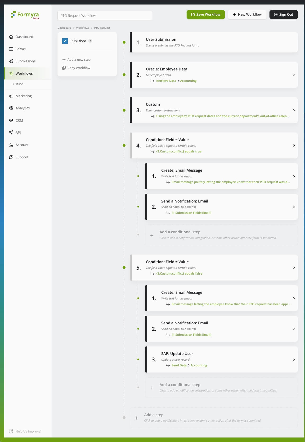 screenshot of automated employee PTO request system