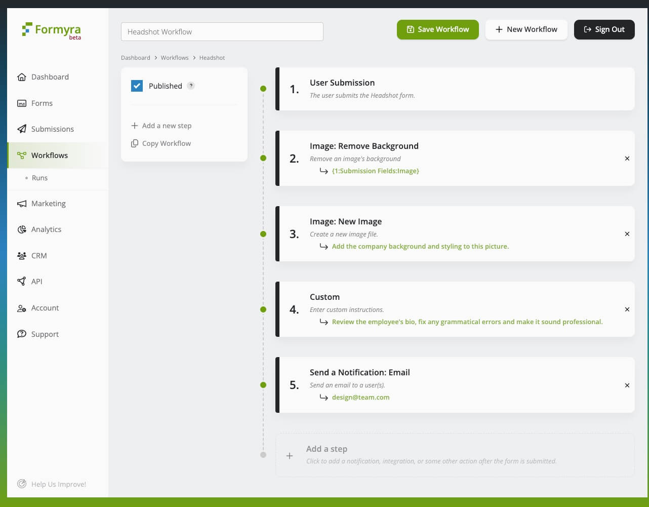 screenshot of automated internal team workflow for editing headshots