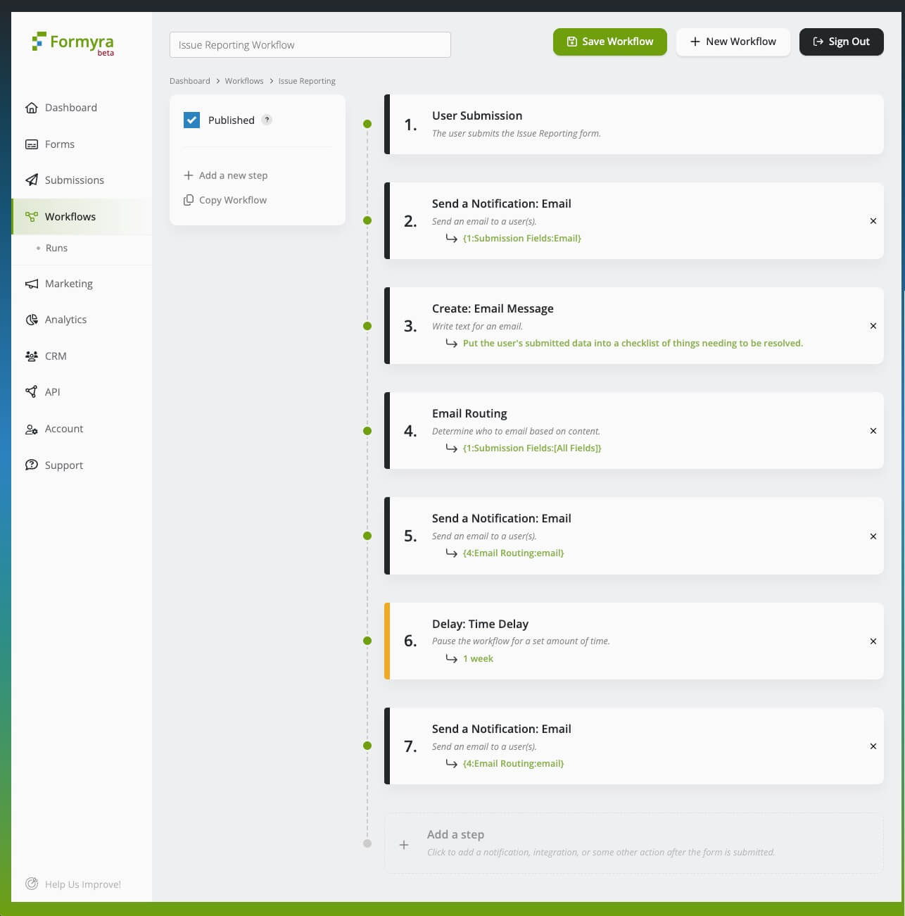 screenshot of automated internal team workflow for submitting and handling issues