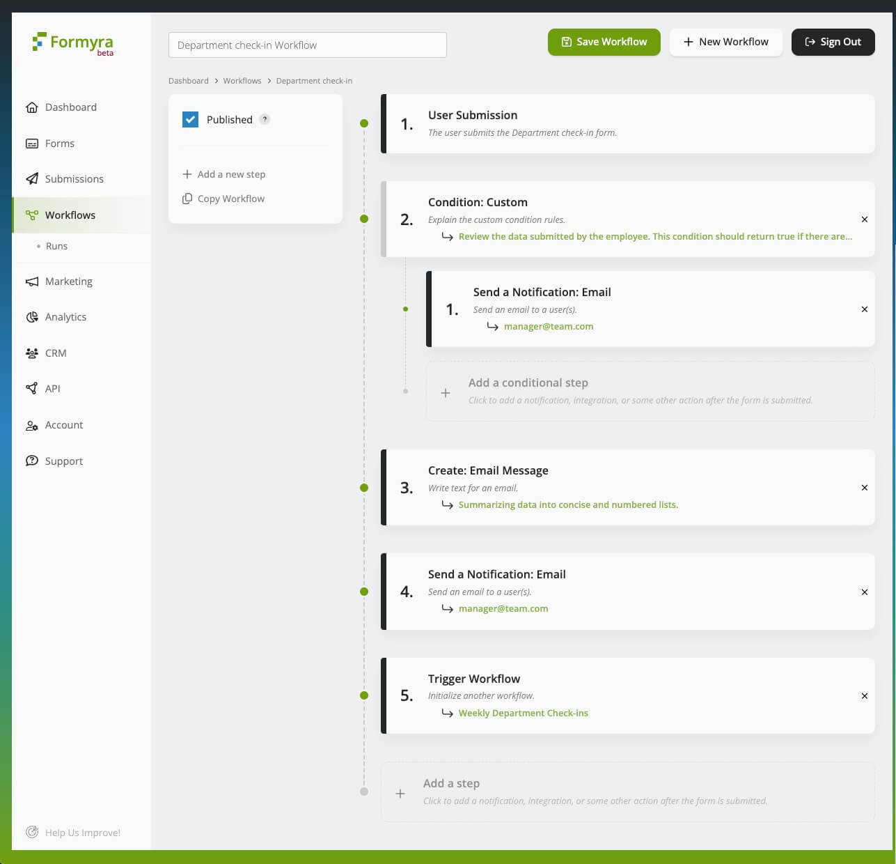 screenshot of automated internal workflow for employee reporting to manager