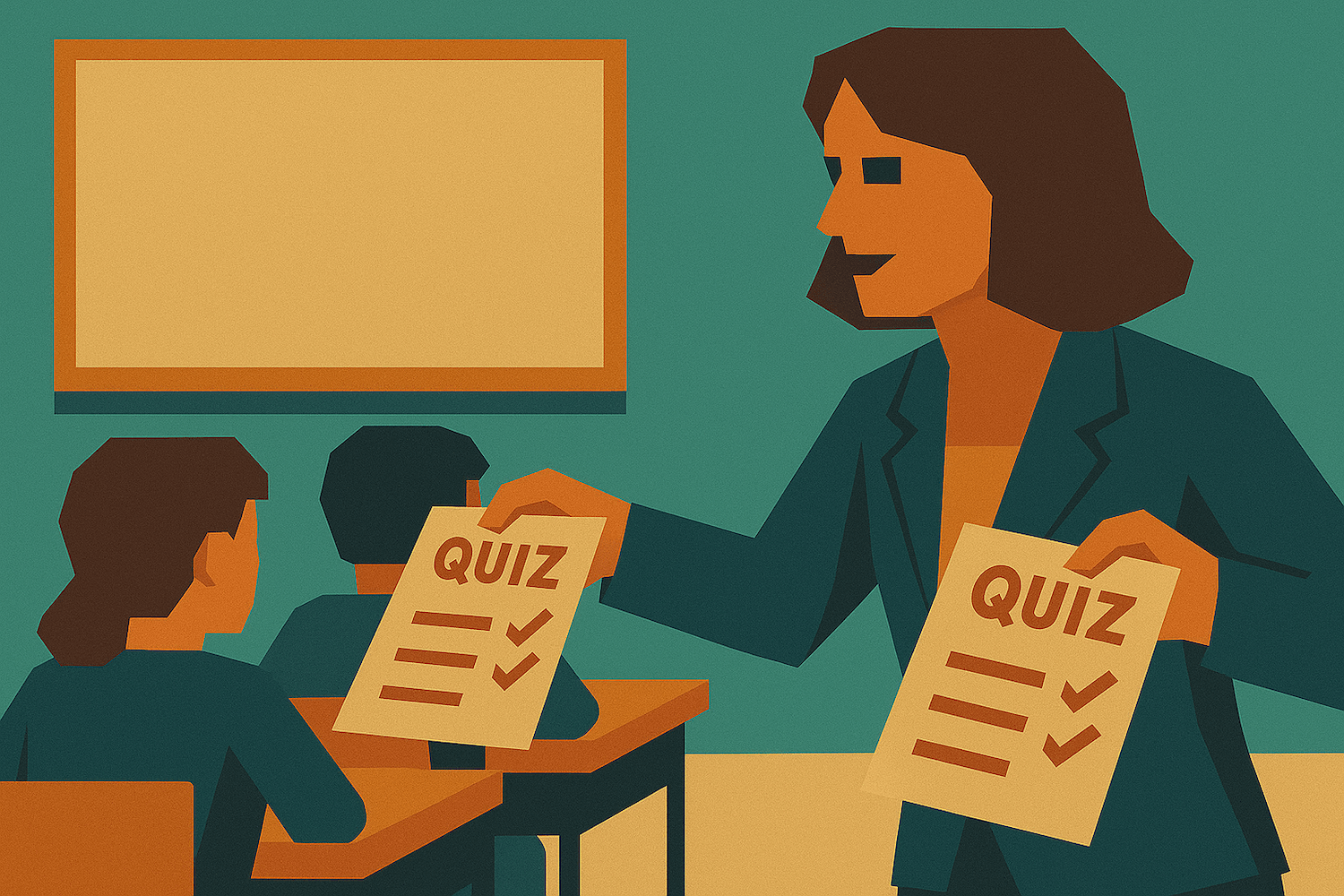 teacher handing out quizzes in classroom